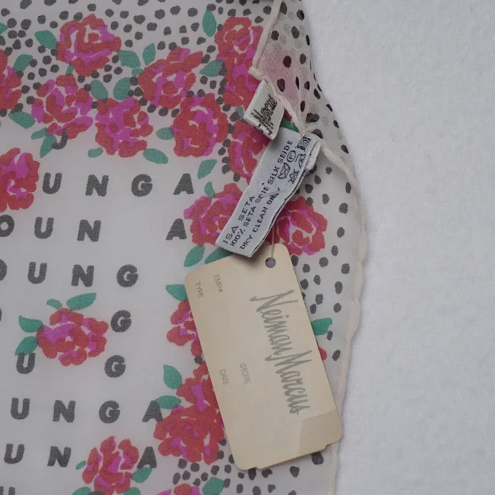 Vintage Emmanuel Ungaro Namesake Rose and Dot Print Scarf w/ Neiman‎ Marcus Tags
